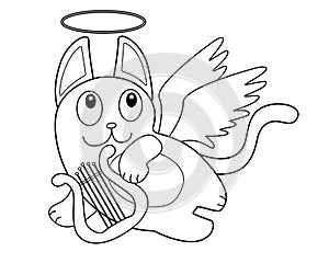 Funny cartoon cat with angel wings, a nimbus and a harp. Cat angel playing the lyre in flight. Funny cute cat - cupid - vector