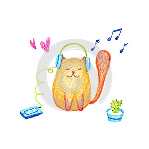 Funny cartoon cat listening to loud music on headphones - happy cute orange animal holding headset. Isolated