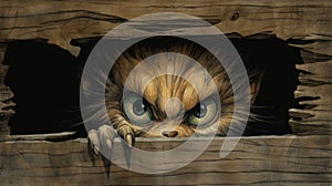 Funny Cartoon Cat Peeking Out Of Wooden Frame - Mike Deodato Style