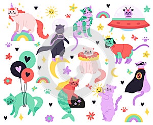 Funny cartoon cats. Kitty mermaid, unicorn, superhero, astronaut and alien characters, colorful cute fairy cats isolated