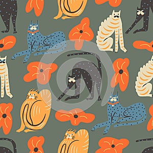 Funny cartoon cats seamless pattern
