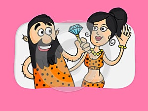 Funny cartoon of a caveman with his beloved.