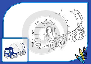 Funny cartoon cement mixer. Connect dots and get image. Educatio