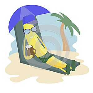 Funny cartoon character.  Banana resting, sunbathing, lying under a palm tree, in a swimsuit and sunglasses.