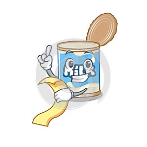 A funny cartoon character of condensed milk with a menu