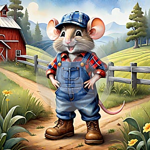 Funny cartoon character farmer farm house mouse