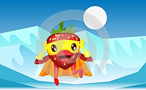 Funny cartoon character fruit plum in superhero costume at masks emotion with hands up. Vegetable character super hero product fun