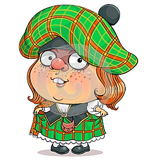 Funny cartoon character girl in Scottish national clothes