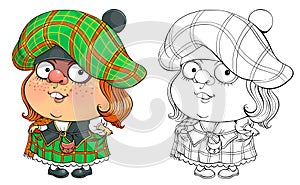 Funny cartoon character girl in Scottish national clothes