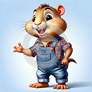 Funny cartoon character gopher rodent worker denim overalls