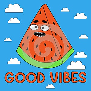 Funny cartoon character. Groovy element funky piece of watermelon on sky with clouds. Vector illustration trendy retro