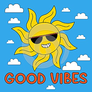 Funny cartoon character. Groovy element funky sun in dark glasses on sky with clouds. Vector illustration trendy retro