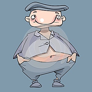Funny cartoon character man in gray clothes and cap