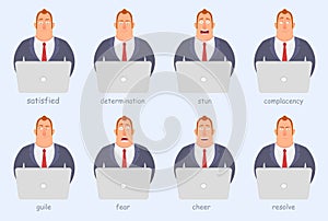 Funny cartoon character. Office workers of different emotions, anger, joy, seriousness, fear, fun.