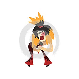 Funny cartoon character of rock singer with crazy hair and make up on face. Man singing into microphone. Musician