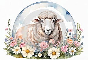 Funny cartoon character. Spring sheep in red and white flowers.