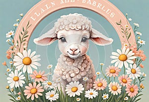 Funny cartoon character. Spring sheep in red and white flowers.