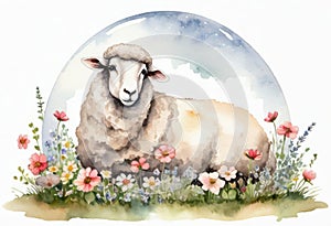 Funny cartoon character. Spring sheep in red and white flowers.