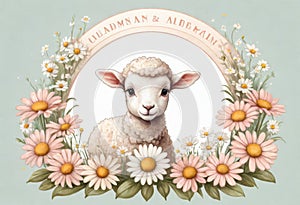 Funny cartoon character. Spring sheep in red and white flowers.