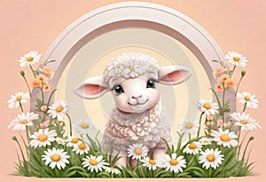 Funny cartoon character. Spring sheep in red and white flowers.