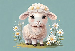 Funny cartoon character. Spring sheep in red and white flowers.