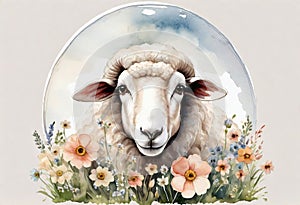 Funny cartoon character. Spring sheep in red and white flowers.