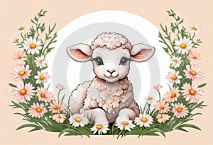 Funny cartoon character. Spring sheep in red and white flowers.