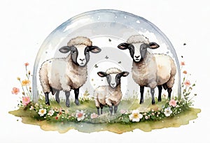 Funny cartoon character. Spring sheep in red and white flowers.