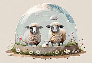 Funny cartoon character. Spring sheep in red and white flowers.