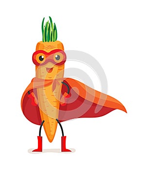 Cute food carrot in cloak of superhero and mask.