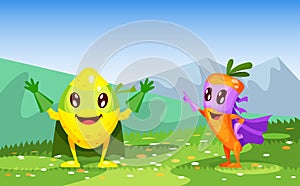 Funny cartoon characters fruits in superhero costumes lemon and carrot. Fruit together, lemon happily welcomes other fruits