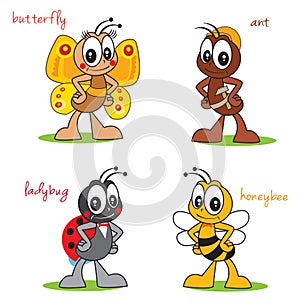 Funny Cartoon Characters Insects. Beautiful Butterfly. Ant Build. Cute Ladybug. Sweet Bee.