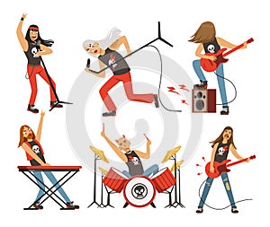 Funny cartoon characters in rock band. Musician in famous pop group. Vector mascot set
