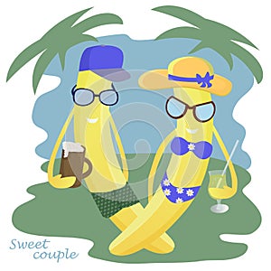 Funny cartoon characters. Sweet couple. Bananas resting at sea. Sunbathe on the beach, drink cocktails and cold beer