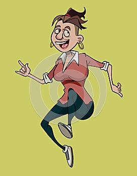 Funny cartoon cheerful unattractive woman joyfully jumping