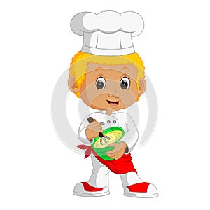 Funny cartoon chef boy making cake