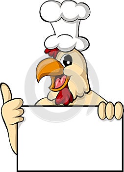 Funny cartoon chicken with blank sign photo