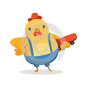Funny cartoon chicken standing and holding skateboard colorful character vector Illustration