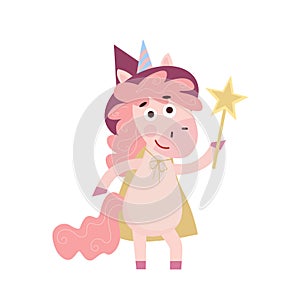 Funny cartoon child Unicorn. Happy unicorn character holding magic wand. Isolated vector illustration