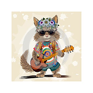 Funny cartoon chipmunk with a guitar. Hipper character. photo