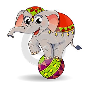 Funny cartoon circus elephant balancing on ball