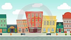 Funny cartoon cityscape street panorama with houses shop road bench hydrant, horizontally vector illustration clip art