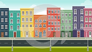 Funny cartoon cityscape street panorama with houses shop road bench hydrant, horizontally vector illustration clip art