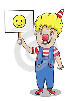 Funny cartoon clown with banner, vector illustration