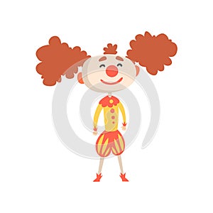 Funny cartoon clown in a medieval costume and painted face colorful character vector Illustration