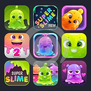 Funny cartoon colorful app icons for slime game logo design.