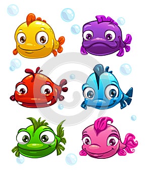 Funny cartoon colorful fishes set