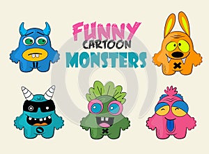 Funny cartoon colorful monsters. Monsters with emotions. Facial expression. Sad, happy, angry faces. Funny cartoon characters