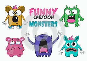 Funny cartoon colorful monsters. Monsters with emotions. Facial expression. Sad, happy, angry faces. Funny cartoon characters.