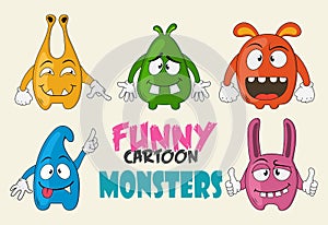 Funny cartoon colorful monsters. Monsters with emotions. Facial expression. Sad, happy, angry faces. Funny cartoon characters.